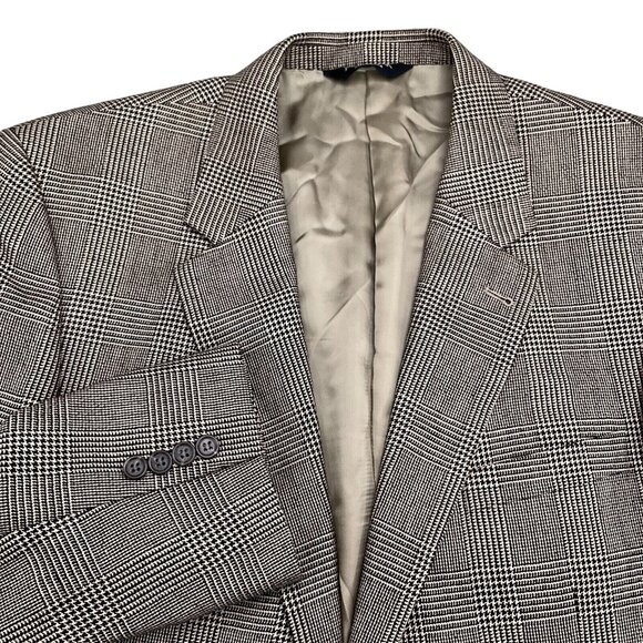 Jos A Bank Blazer Men 46L Black Tan Prince Edward Plaid Signature Silk Camelhair - Picture 1 of 13